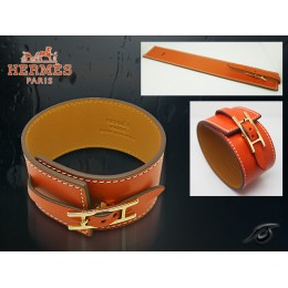 Hermes Fleuron Large Leather Orange Bracelet With Gold